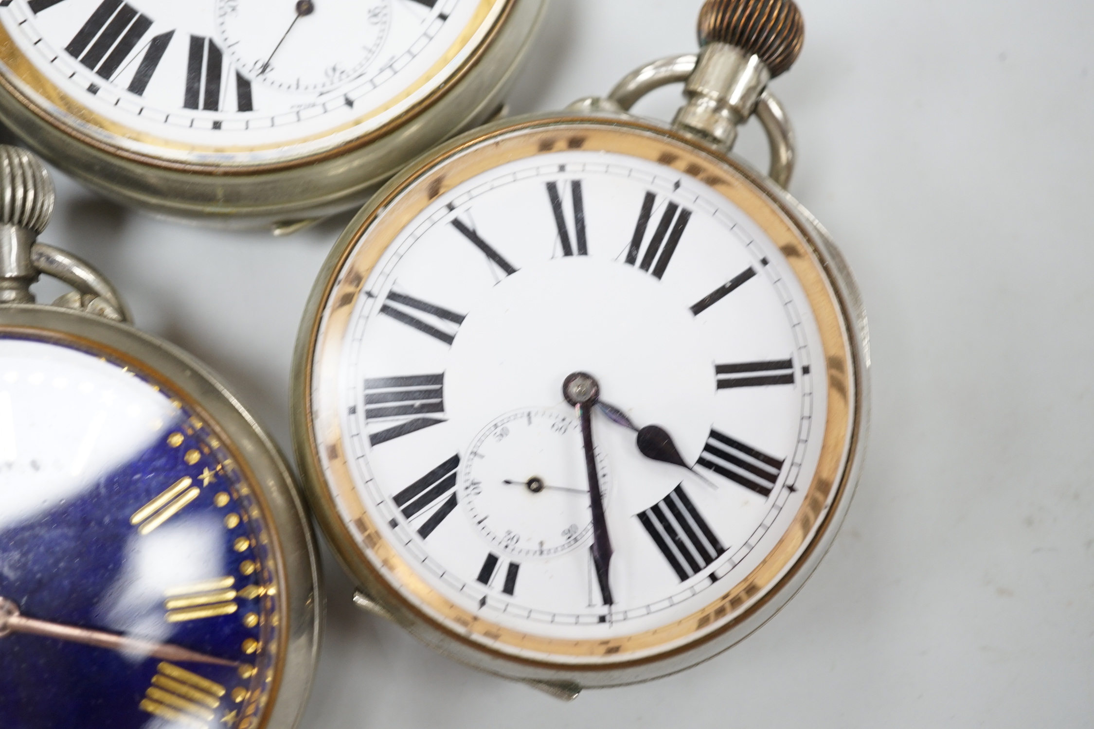 Six assorted Goliath pocket watches, largest diameter 77mm.